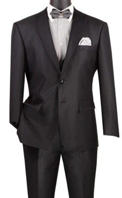 Birdseye Pattern Modern Fit 3 Piece Black Suit With Black Trim -Suit Gold Style Shop MV2B 1 BLACK