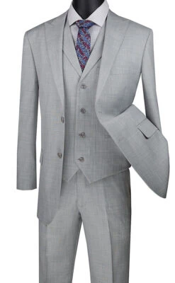 Silver Gray Modern Fit Textured Weave 2 Button 3 Piece Suit
