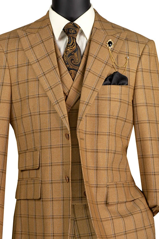 Tuscany Collection - Modern Fit Windowpane Suit 3 Piece In Camel 4 Tuscany Collection - Modern Fit Windowpane Suit 3 Piece In Camel - Image 2