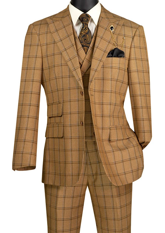 Tuscany Collection - Modern Fit Windowpane Suit 3 Piece In Camel 3 Tuscany Collection - Modern Fit Windowpane Suit 3 Piece In Camel