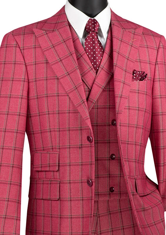 Tuscany Collection - Modern Fit Windowpane Suit 3 Piece In Raspberry 4 Tuscany Collection - Modern Fit Windowpane Suit 3 Piece In Raspberry - Image 2