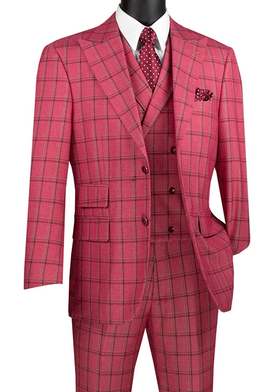 Tuscany Collection - Modern Fit Windowpane Suit 3 Piece In Raspberry 3 Tuscany Collection - Modern Fit Windowpane Suit 3 Piece In Raspberry