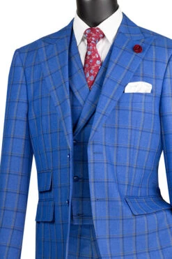Tuscany Collection - Modern Fit Windowpane Suit 3 Piece In Royal Blue -Suit Gold Style Shop MV2W 2 ROYAL details