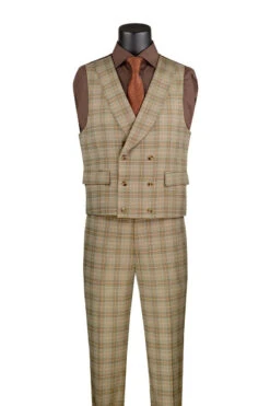 Khaki Modern Fit Windowpane Peak Lapel 3 Piece Suit -Suit Gold Style Shop MV2W 3 KHAKI VEST JPG WEB