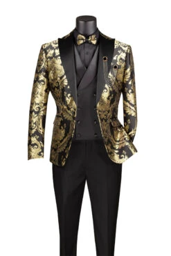 Black Gold Modern Fit 3 Piece Suit With Matching Bow Tie