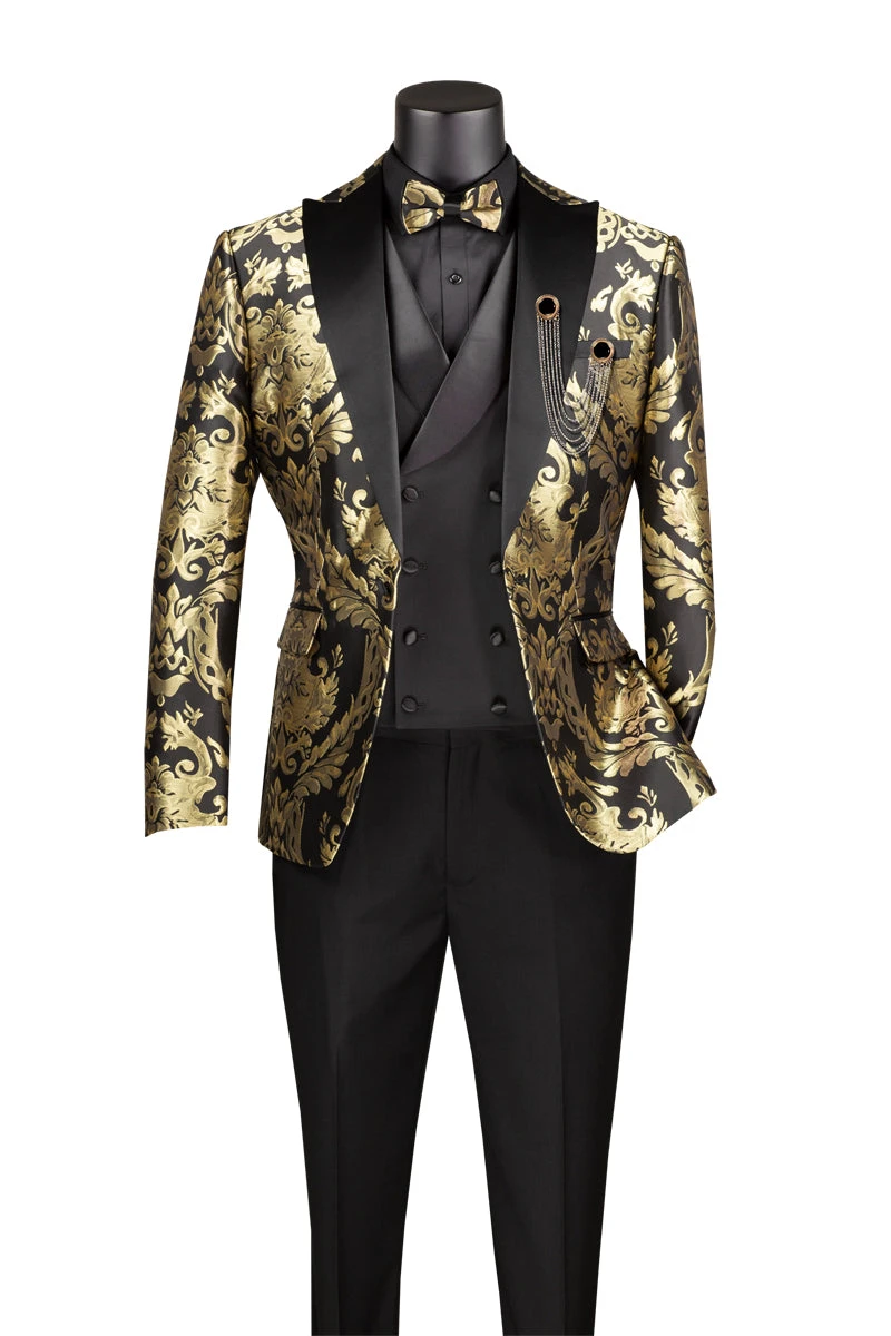 Black Gold Modern Fit 3 Piece Suit With Matching Bow Tie 3 Black Gold Modern Fit 3 Piece Suit With Matching Bow Tie