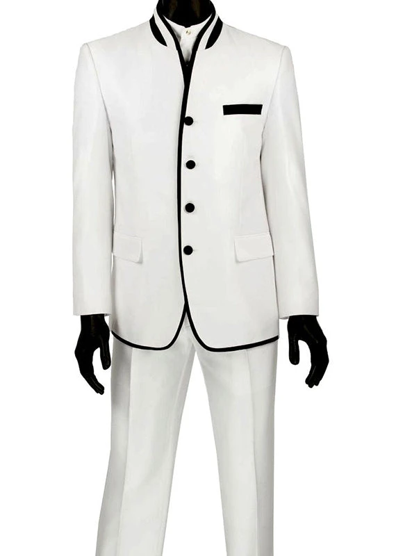 Oriental Collection - Banded Collar Slim Fit Suit Shiny Sharkskin 2 Piece White 3 Oriental Collection - Banded Collar Slim Fit Suit Shiny Sharkskin 2 Piece White