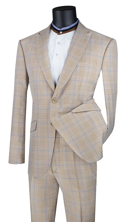 Slim Fit 2 Piece Suit Beige Glen Plaid Pattern Matching Pants 3 Slim Fit 2 Piece Suit Beige Glen Plaid Pattern Matching Pants