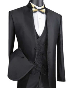 Bourbon Collection - Slim Fit 3 Piece Banded Collar Shiny Sharkskin Suit In Black -Suit Gold Style Shop SO1SV2HT 2 BLACK