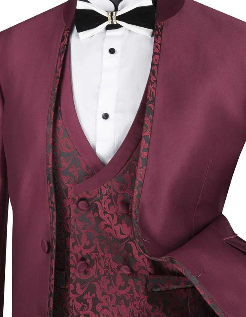Bourbon Collection - Slim Fit 3 Piece Banded Collar Shiny Sharkskin Suit In Burgundy 4 Bourbon Collection - Slim Fit 3 Piece Banded Collar Shiny Sharkskin Suit In Burgundy - Image 2
