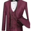 Bourbon Collection - Slim Fit 3 Piece Banded Collar Shiny Sharkskin Suit In Burgundy -Suit Gold Style Shop SO1SV2HT 2 BUR2