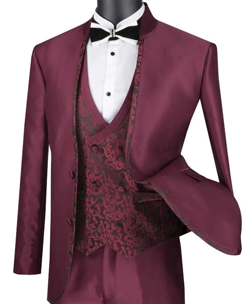 Bourbon Collection - Slim Fit 3 Piece Banded Collar Shiny Sharkskin Suit In Burgundy 3 Bourbon Collection - Slim Fit 3 Piece Banded Collar Shiny Sharkskin Suit In Burgundy