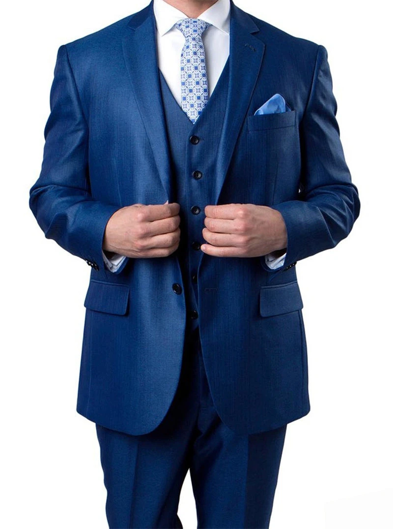 Blue 3 Piece Modern Fit Suit 2 Button V-Neck Vest 3 Blue 3 Piece Modern Fit Suit 2 Button V-Neck Vest