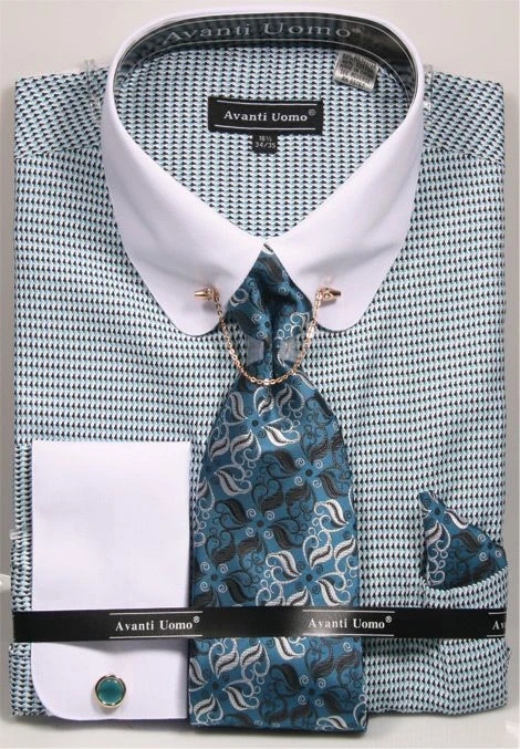 Men's Regular Fit French Cuff Shirt Set In Turquoise 3 Men's Regular Fit French Cuff Shirt Set In Turquoise