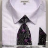 French Cuff Dress Shirt Regular Fit In White/Purple With Tie, Cuff Links And Pocket Square -Suit Gold Style Shop SO5DS3792P2 PURPLE
