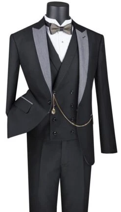 Black Slim Fit 3 Piece Suit 1 Button With Double Breasted Vest