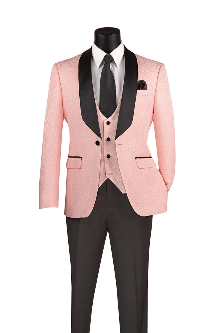 Slim Fit Tuxedo 3 Piece With Jacquard Pattern In Pink 3 Slim Fit Tuxedo 3 Piece With Jacquard Pattern In Pink