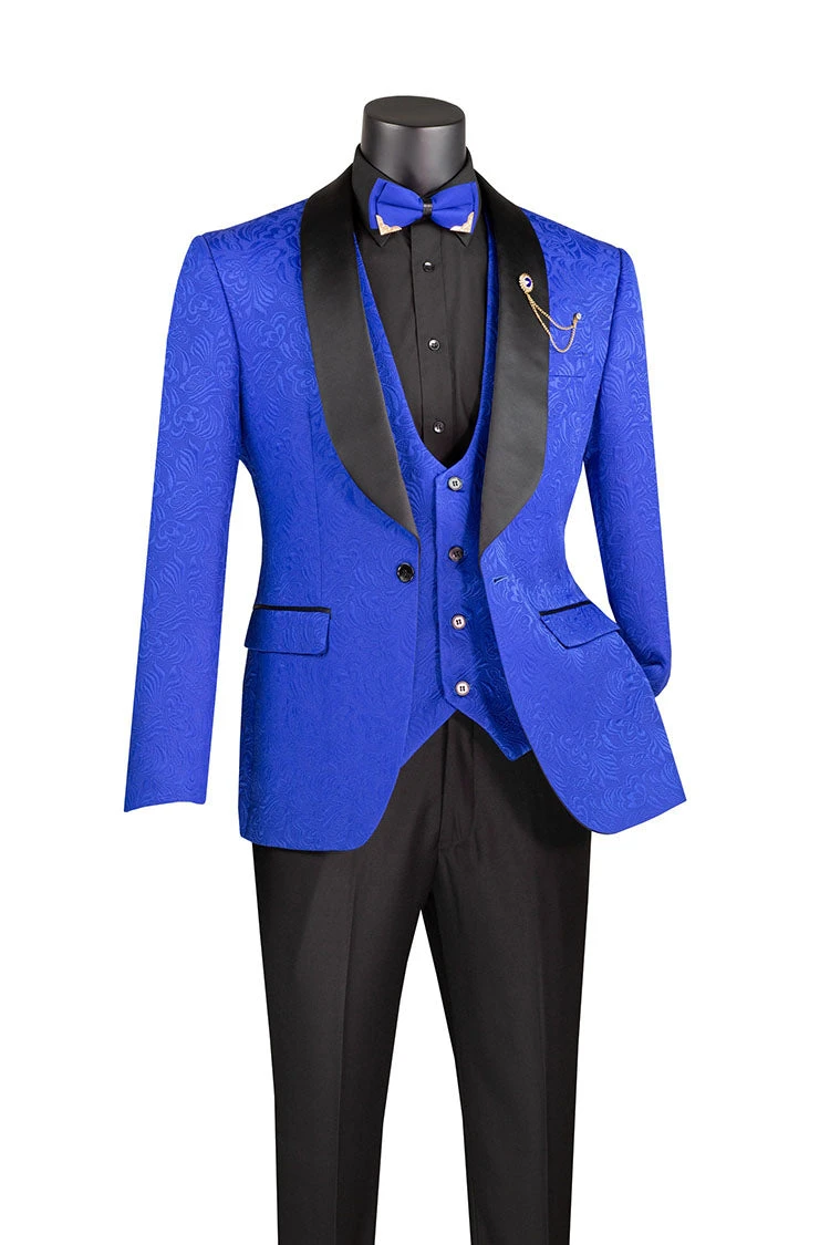 Slim Fit Tuxedo 3 Piece With Jacquard Pattern In Royal 3 Slim Fit Tuxedo 3 Piece With Jacquard Pattern In Royal