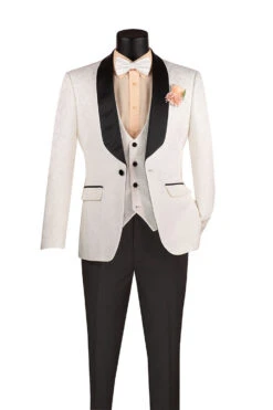 Slim Fit Tuxedo 3 Piece With Jacquard Pattern In White