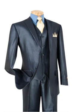 Nautilus Collection - Shiny Regular Fit Men's Suit 3 Piece 2 Button In Midnight Blue