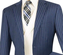 Helios Collection - Regular Fit 3 Piece Suit 2 Button Banker Stripe In Blue -Suit Gold Style Shop V2RS 6 BLUE 16 3