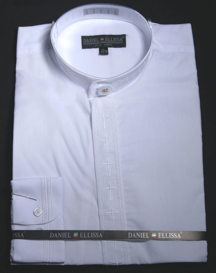 Men's Banded Collar Embroidered Shirt In White/White 3 Men's Banded Collar Embroidered Shirt In White/White