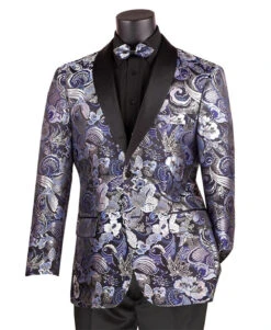 Navy Modern Fit Paisley Pattern Jacquard Fabric Jacket With Bow Tie