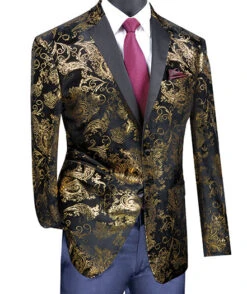 Slim Fit Velvet Jacket 2 Button Peak Lapel Paisley Pattern In Black/Gold