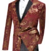 Slim Fit Velvet Jacket 2 Button Peak Lapel Paisley Pattern In Maroon/Gold -Suit Gold Style Shop bs 13 maroon S