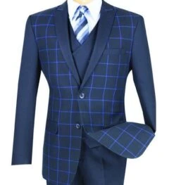 Slim Fit Fashion Jacket Peak Lapel Window Pane Design In Navy