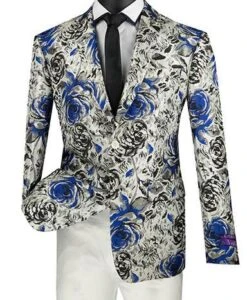 Slim Fit Floral Design Jacket In Blue