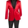 Red Slim Fit Blazer Stretch Sateen 1 Button With Narrow Shawl Lapel -Suit Gold Style Shop bst 1 red