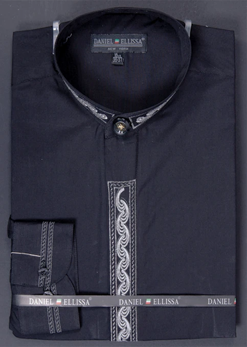 Basic Banded Collar Dress Shirt Wave Print In Black/Gray 3 Basic Banded Collar Dress Shirt Wave Print In Black/Gray
