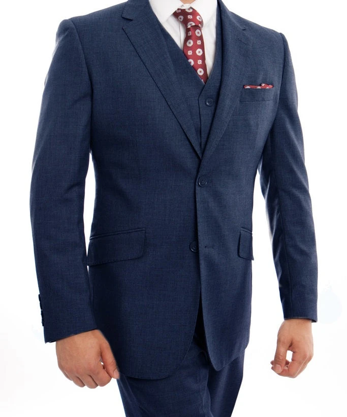 Arezzo Collection - 100% Wool Suit Modern Fit Italian Style 3 Piece In Indigo 3 Arezzo Collection - 100% Wool Suit Modern Fit Italian Style 3 Piece In Indigo