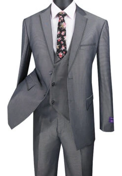 Birdseye Pattern Modern Fit 3 Piece Charcoal Suit With Contrast Trim -Suit Gold Style Shop mv2b 1 charcoal s