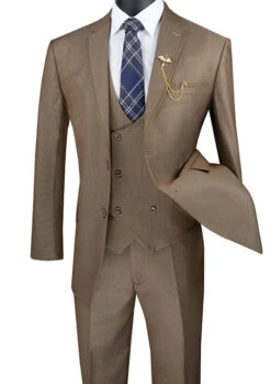 Birdseye Pattern Modern Fit 3 Piece Khaki Suit With Contrast Trim -Suit Gold Style Shop mv2b 1 khaki s
