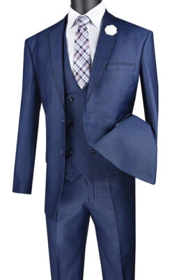 Birdseye Pattern Modern Fit 3 Piece Navy Suit With Contrast Trim -Suit Gold Style Shop mv2b 1 navy s