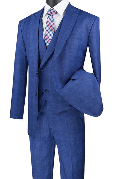 Blue Modern Fit Glen Plaid 2 Button Peak Lapel 3 Piece Suit 3 Blue Modern Fit Glen Plaid 2 Button Peak Lapel 3 Piece Suit