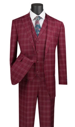 Manarola Collection - Regular Fit Glen Plaid Suit 3 Piece In Burgundy